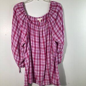 Womens Terra & Sky On or Off Shoulder Plaid Tunic Blouse 1/2 Full Sleeve 1X Pink